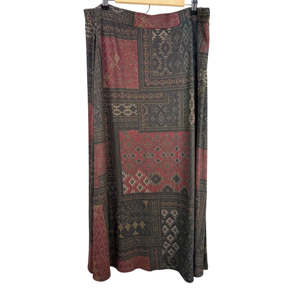 Coldwater Creek Womens 1X Maxi Skirt Red Black Geometric Southwestern Patchwork